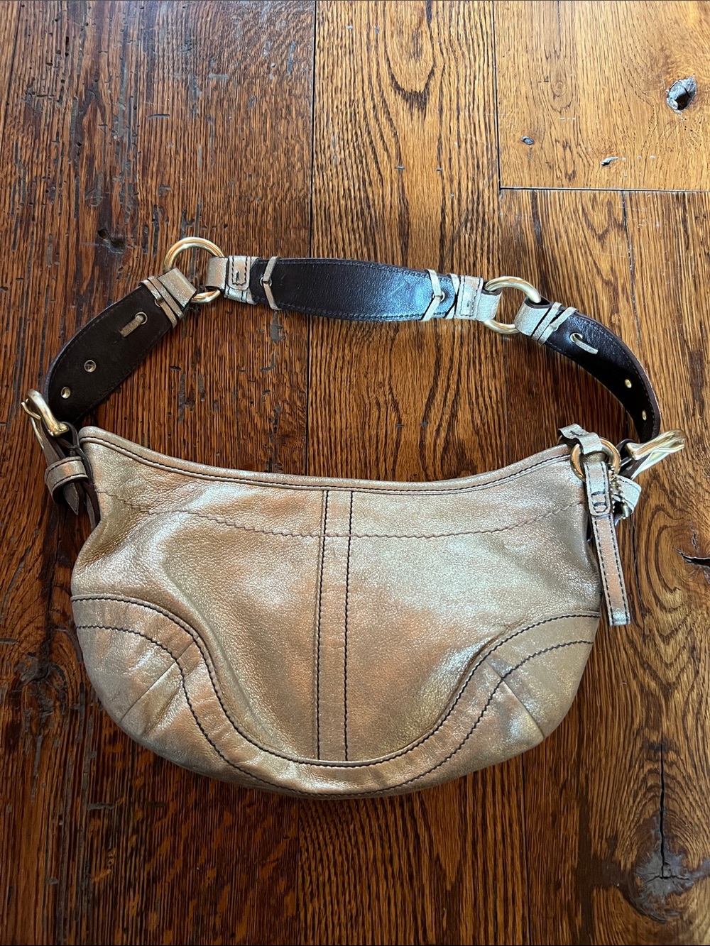 Coach Metallic Gold Crescent Shoulder Bag with Dark Brown Strap